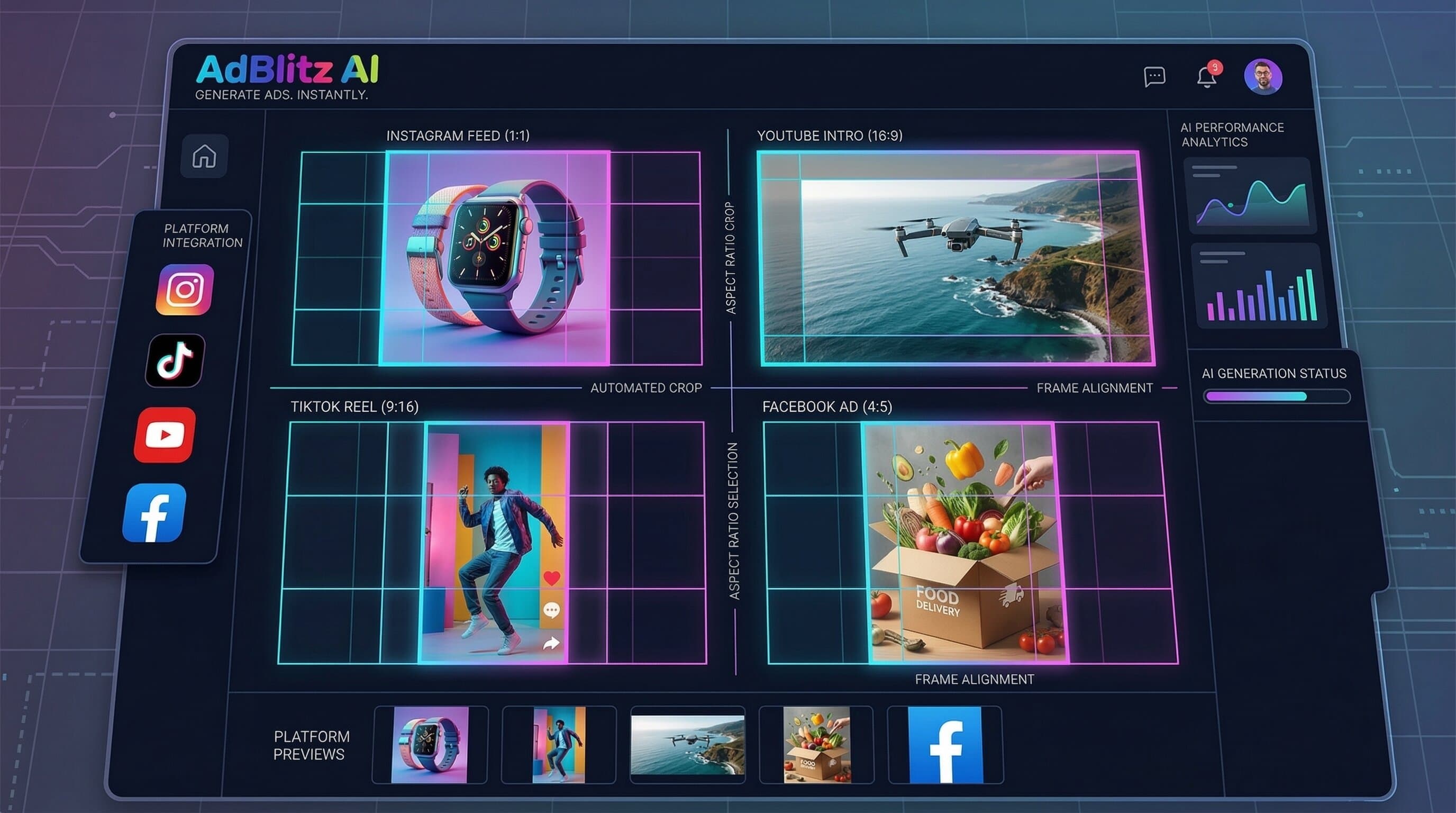 Different social media video aspect ratios including 16:9, 1:1, 9:16, and 4:5 displayed in a modern marketing dashboard illustrating optimized video ads for Instagram, TikTok, YouTube, and Facebook