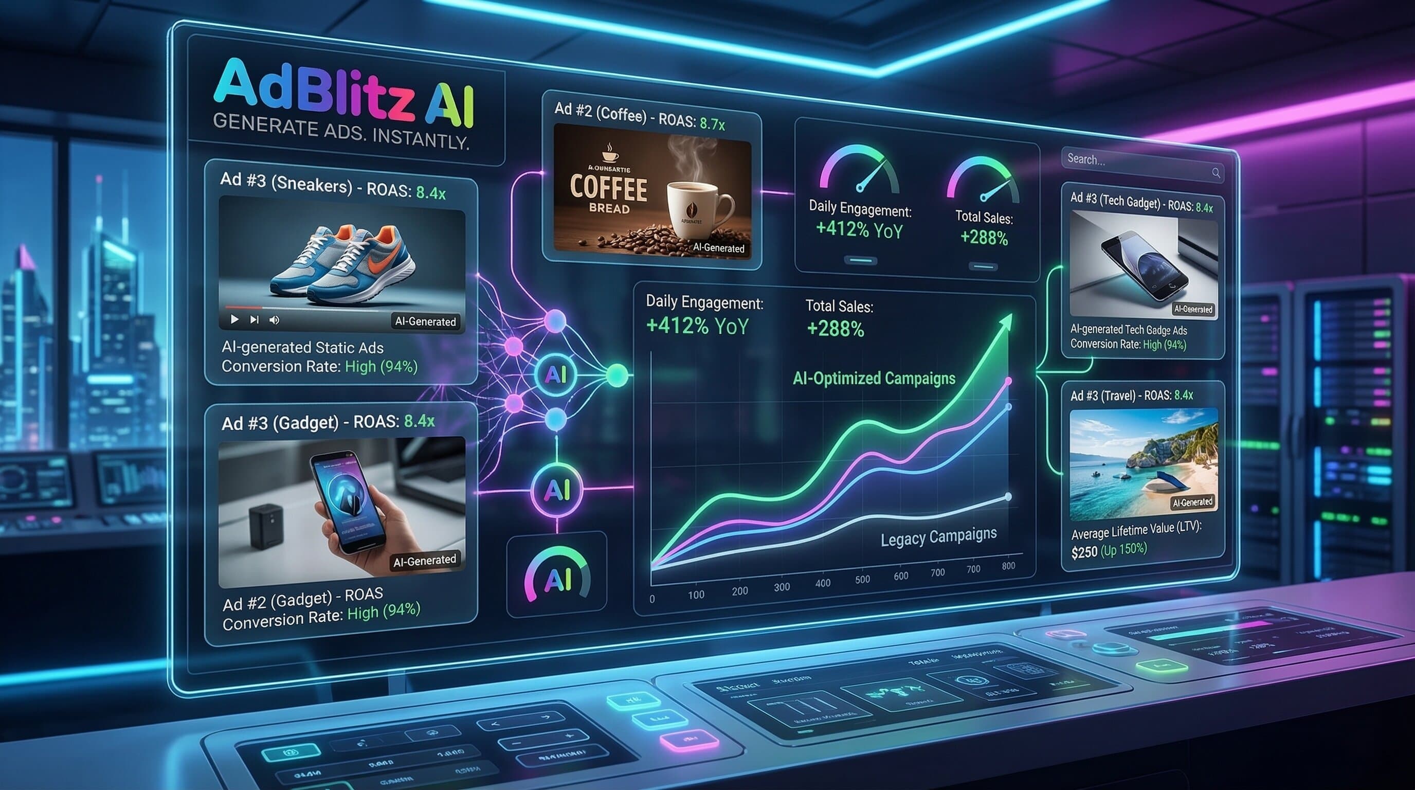 Examples of AI generated commercial advertisements designed to increase marketing conversions